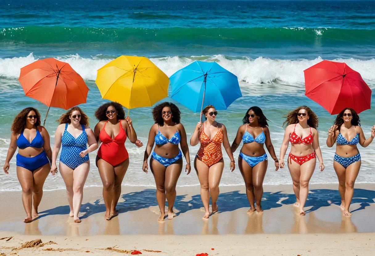 A vibrant beach scene featuring diverse women of various body shapes and sizes confidently wearing stylish swimsuits. Each woman showcases her unique figure, basking in the sun and playfully splashing in the waves, surrounded by colorful beach towels and umbrellas. Include a gentle ocean backdrop with soft waves and a clear blue sky, symbolizing body positivity and self-love. super-realistic. vibrant colors. 3D.